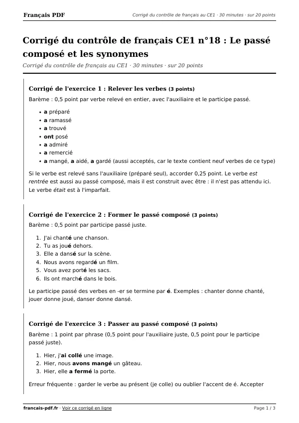 Corrigé du contrôle de français CE1 n°18 en PDF