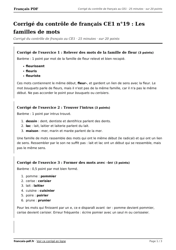 Corrigé du contrôle de français CE1 n°19 en PDF