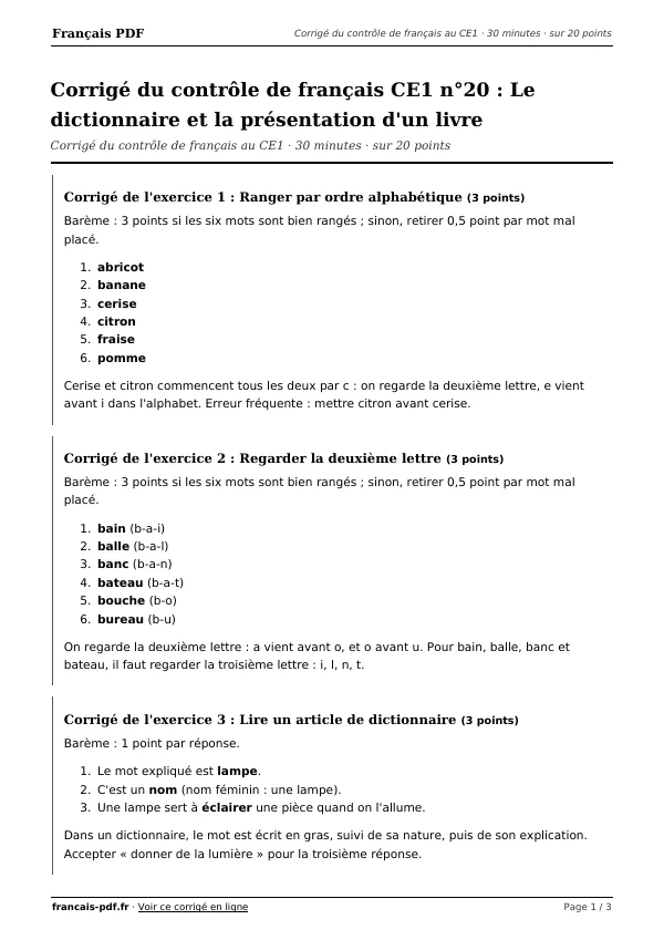 Corrigé du contrôle de français CE1 n°20 en PDF