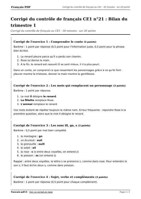 Corrigé du contrôle de français CE1 n°21 en PDF