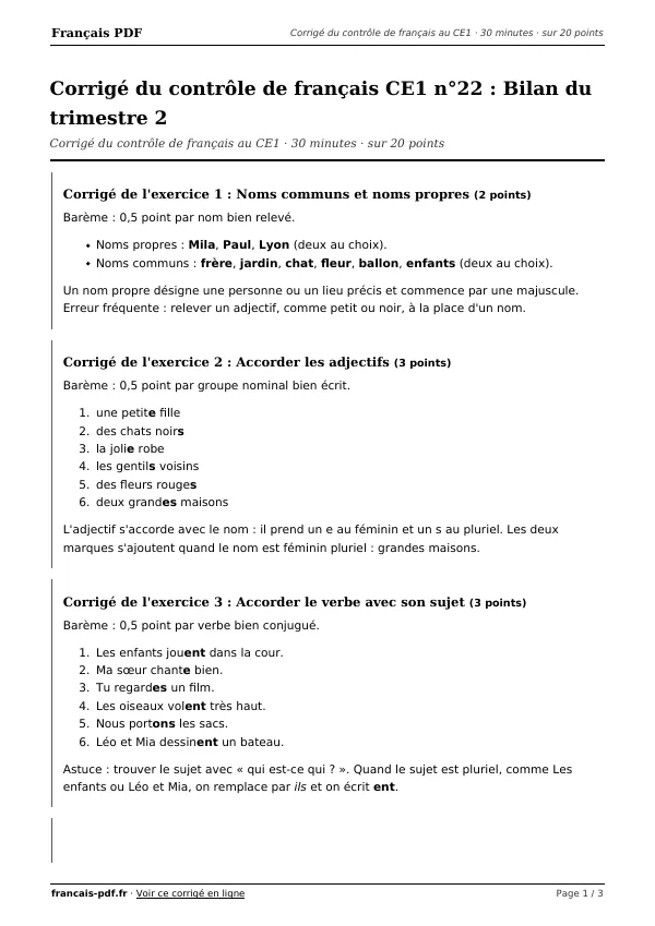 Corrigé du contrôle de français CE1 n°22 en PDF