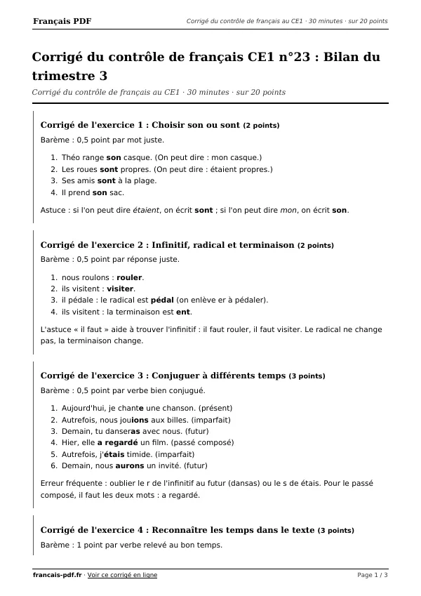 Corrigé du contrôle de français CE1 n°23 en PDF