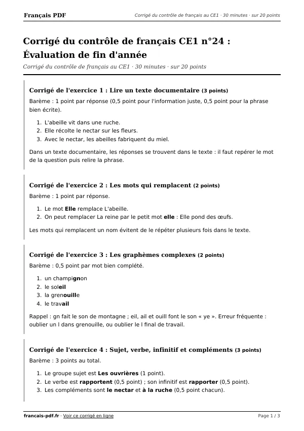 Corrigé du contrôle de français CE1 n°24 en PDF