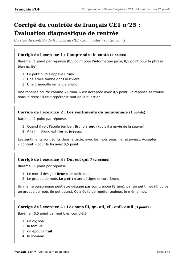 Corrigé du contrôle de français CE1 n°25 en PDF