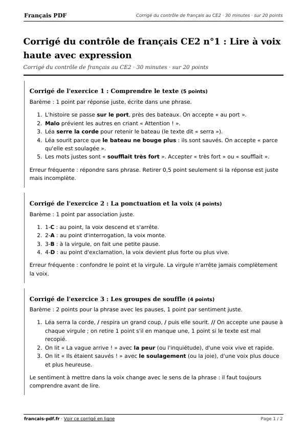 Corrigé du contrôle de français CE2 n°1 en PDF