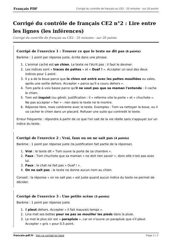 Corrigé du contrôle de français CE2 n°2 en PDF