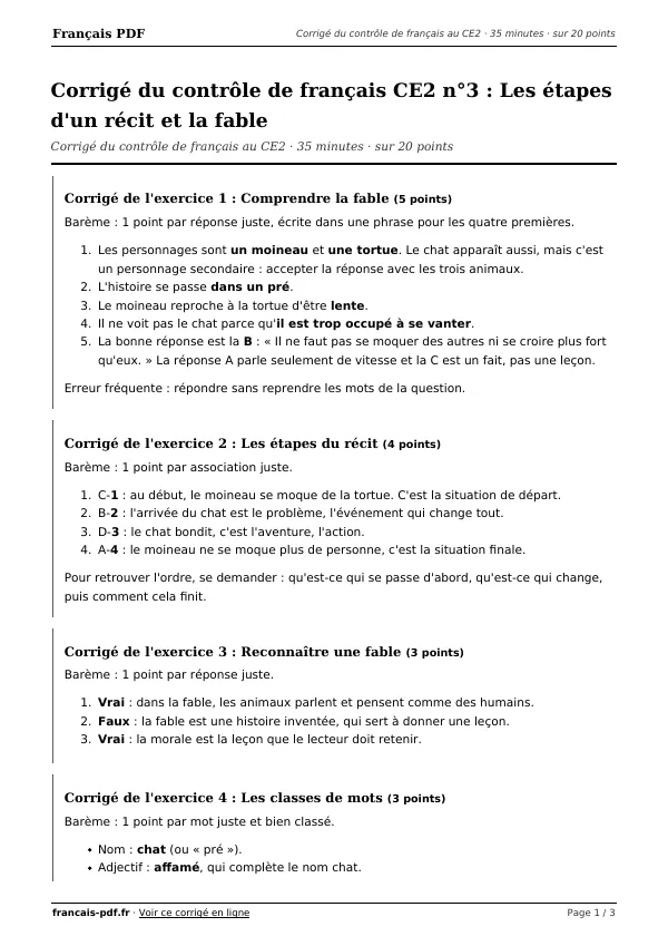 Corrigé du contrôle de français CE2 n°3 en PDF