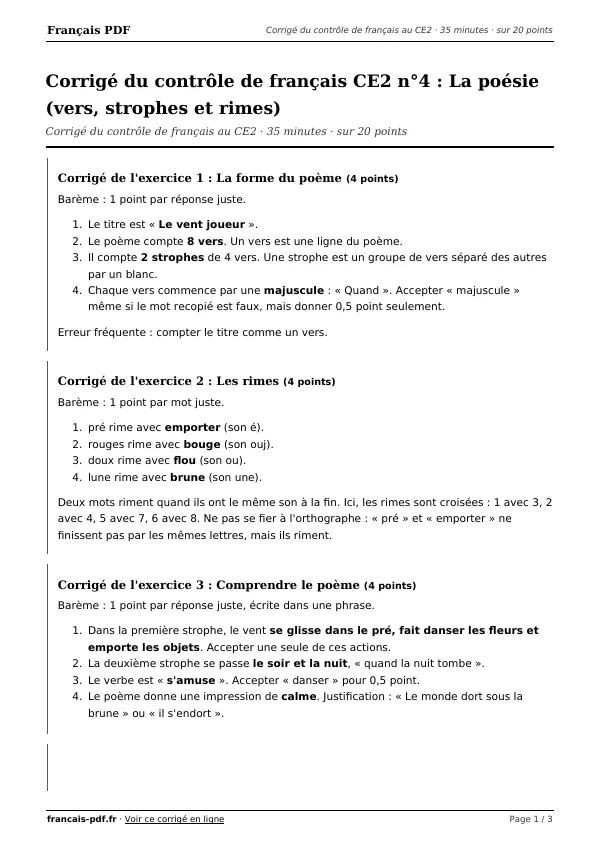 Corrigé du contrôle de français CE2 n°4 en PDF