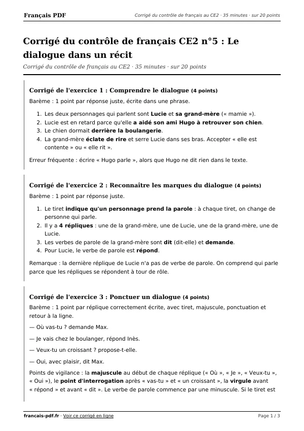 Corrigé du contrôle de français CE2 n°5 en PDF