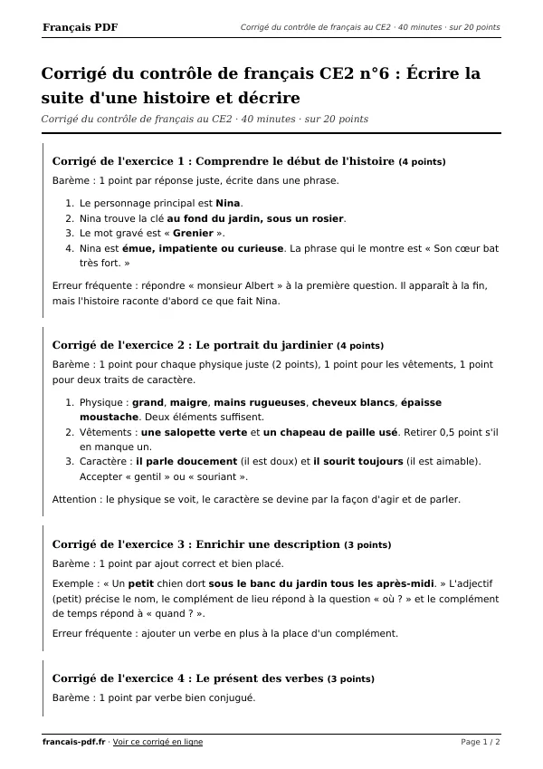 Corrigé du contrôle de français CE2 n°6 en PDF