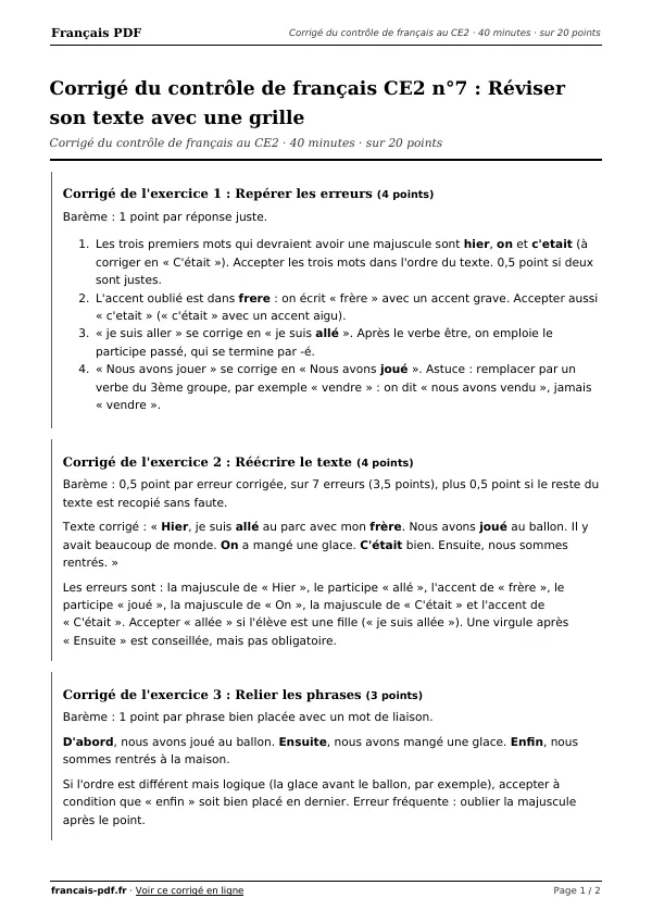 Corrigé du contrôle de français CE2 n°7 en PDF