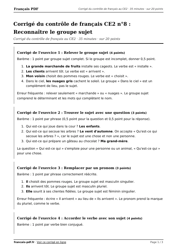Corrigé du contrôle de français CE2 n°8 en PDF