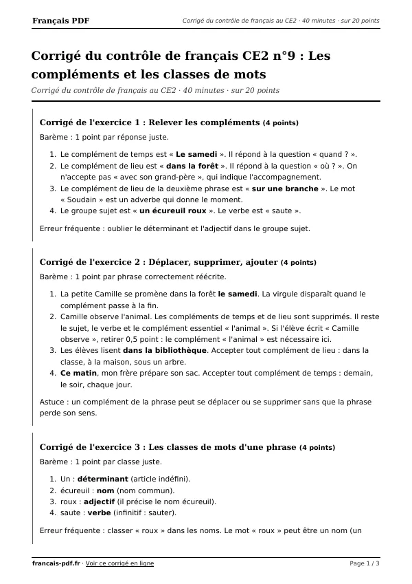 Corrigé du contrôle de français CE2 n°9 en PDF