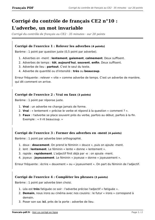 Corrigé du contrôle de français CE2 n°10 en PDF