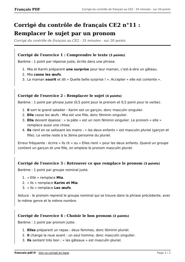 Corrigé du contrôle de français CE2 n°11 en PDF