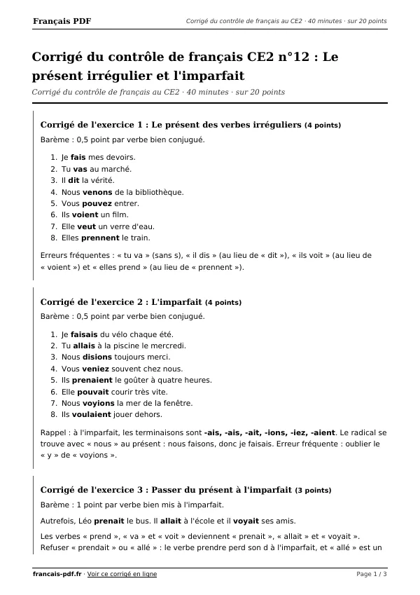 Corrigé du contrôle de français CE2 n°12 en PDF