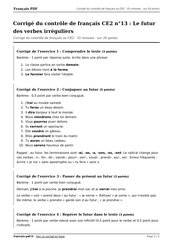 Corrigé du contrôle de français CE2 n°13 en PDF