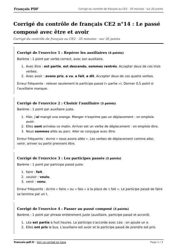 Corrigé du contrôle de français CE2 n°14 en PDF
