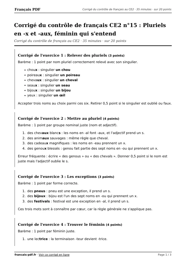 Corrigé du contrôle de français CE2 n°15 en PDF