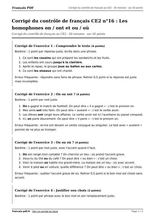 Corrigé du contrôle de français CE2 n°16 en PDF