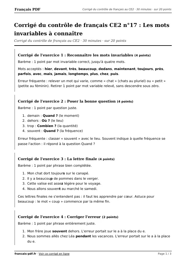 Corrigé du contrôle de français CE2 n°17 en PDF