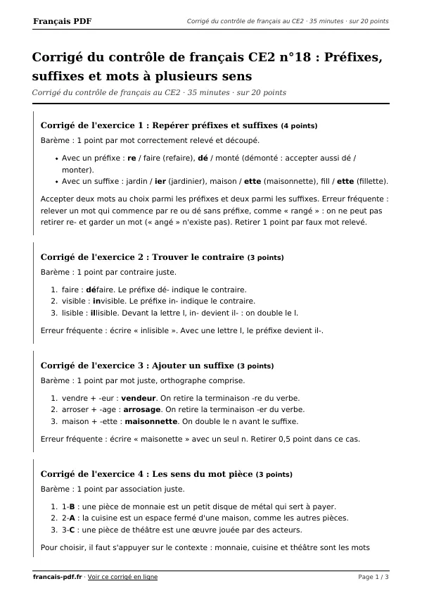 Corrigé du contrôle de français CE2 n°18 en PDF