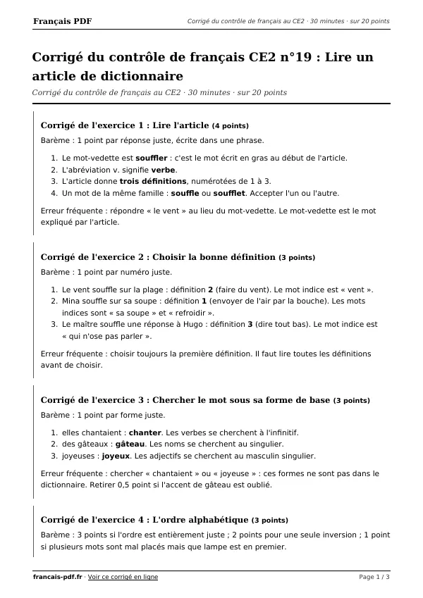 Corrigé du contrôle de français CE2 n°19 en PDF