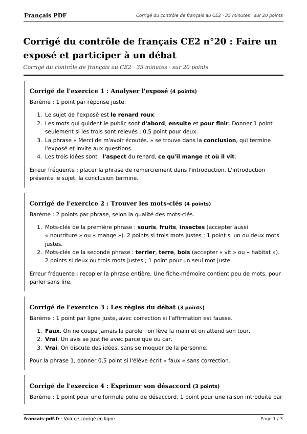 Corrigé du contrôle de français CE2 n°20 en PDF