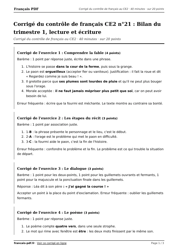 Corrigé du contrôle de français CE2 n°21 en PDF