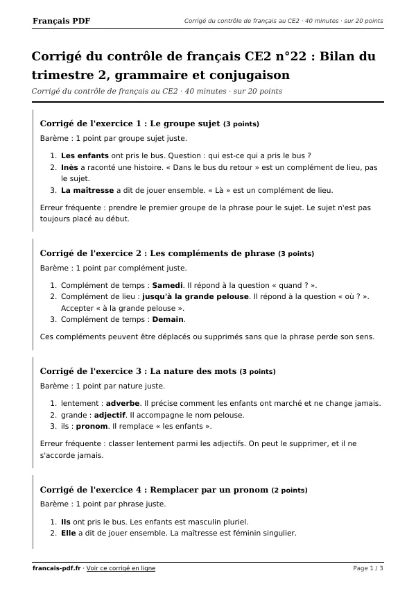 Corrigé du contrôle de français CE2 n°22 en PDF