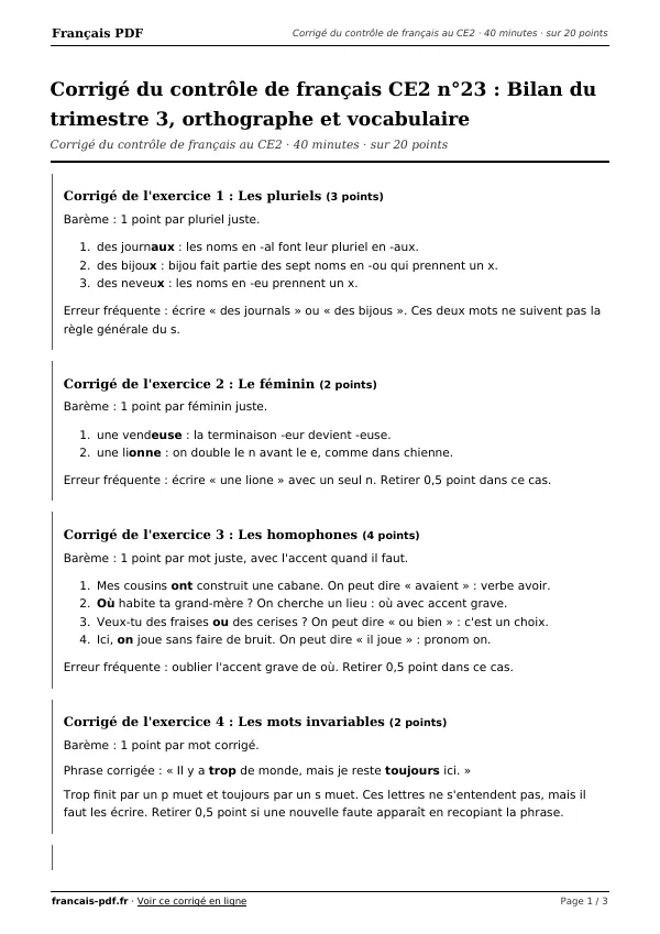 Corrigé du contrôle de français CE2 n°23 en PDF