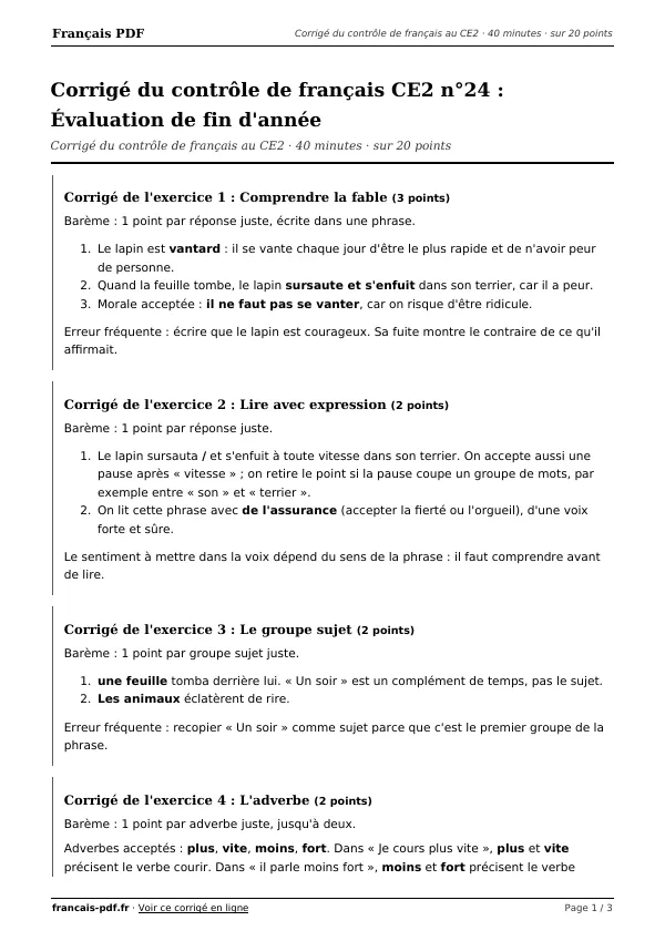 Corrigé du contrôle de français CE2 n°24 en PDF