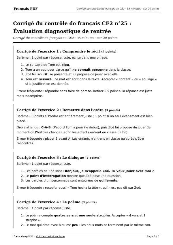 Corrigé du contrôle de français CE2 n°25 en PDF