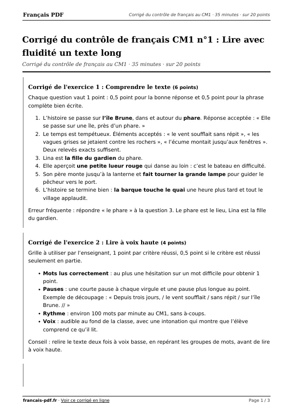 Corrigé du contrôle de français CM1 n°1 en PDF