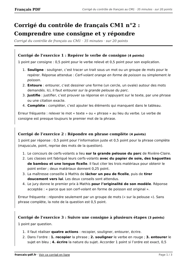 Corrigé du contrôle de français CM1 n°2 en PDF