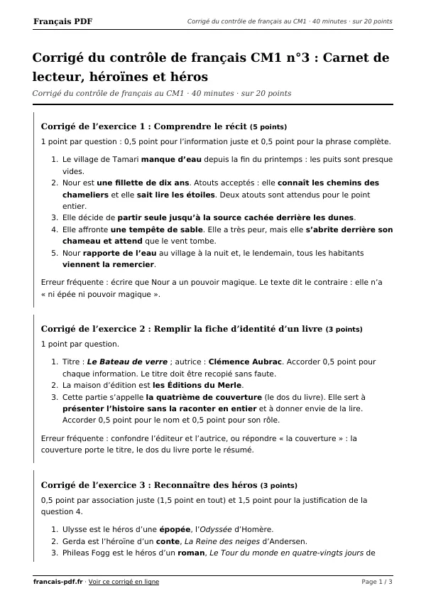 Corrigé du contrôle de français CM1 n°3 en PDF