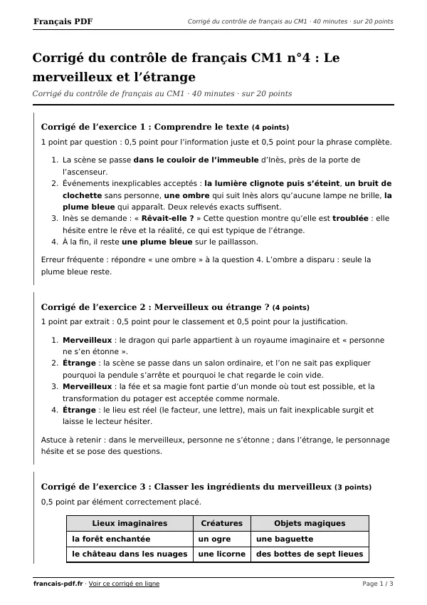 Corrigé du contrôle de français CM1 n°4 en PDF