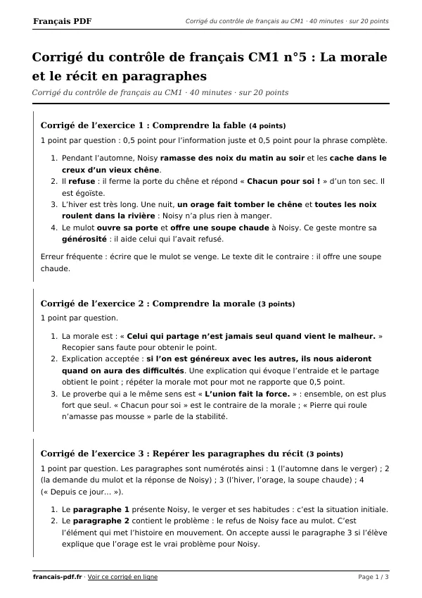 Corrigé du contrôle de français CM1 n°5 en PDF