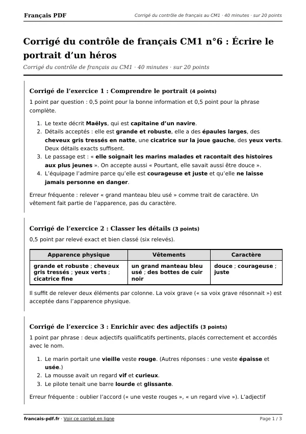 Corrigé du contrôle de français CM1 n°6 en PDF
