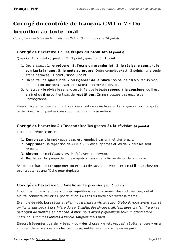 Corrigé du contrôle de français CM1 n°7 en PDF