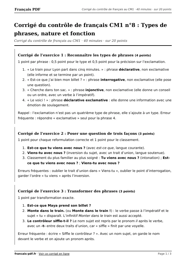 Corrigé du contrôle de français CM1 n°8 en PDF