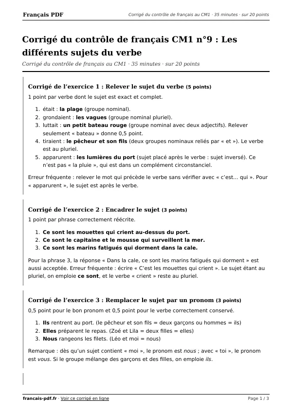 Corrigé du contrôle de français CM1 n°9 en PDF