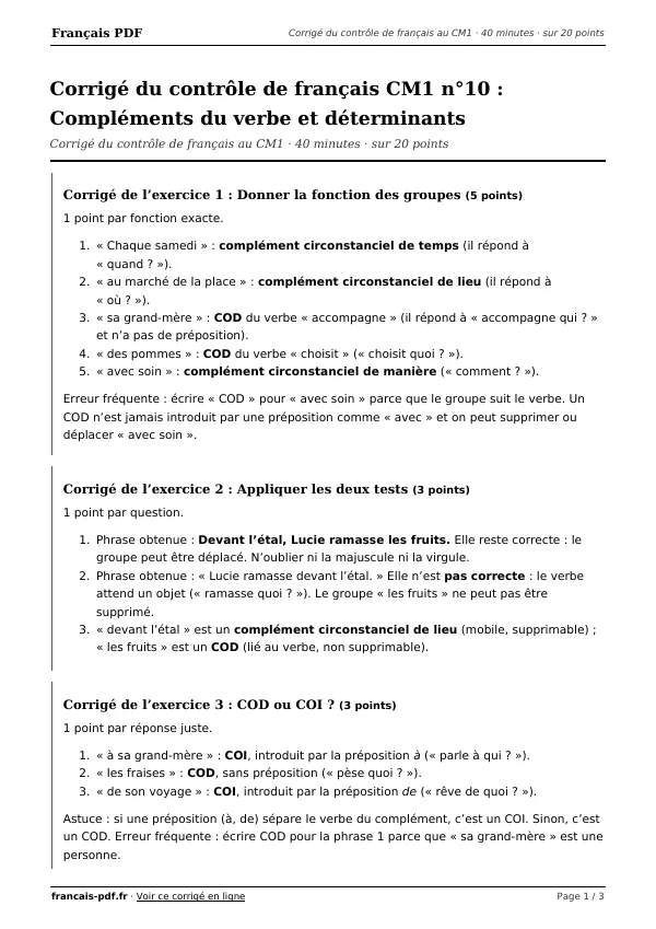 Corrigé du contrôle de français CM1 n°10 en PDF
