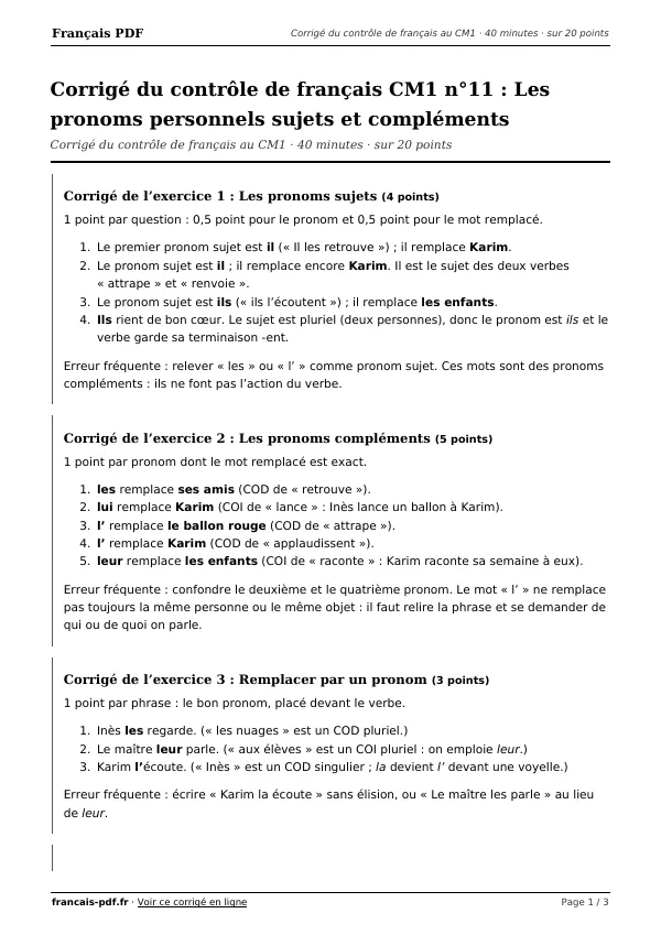 Corrigé du contrôle de français CM1 n°11 en PDF