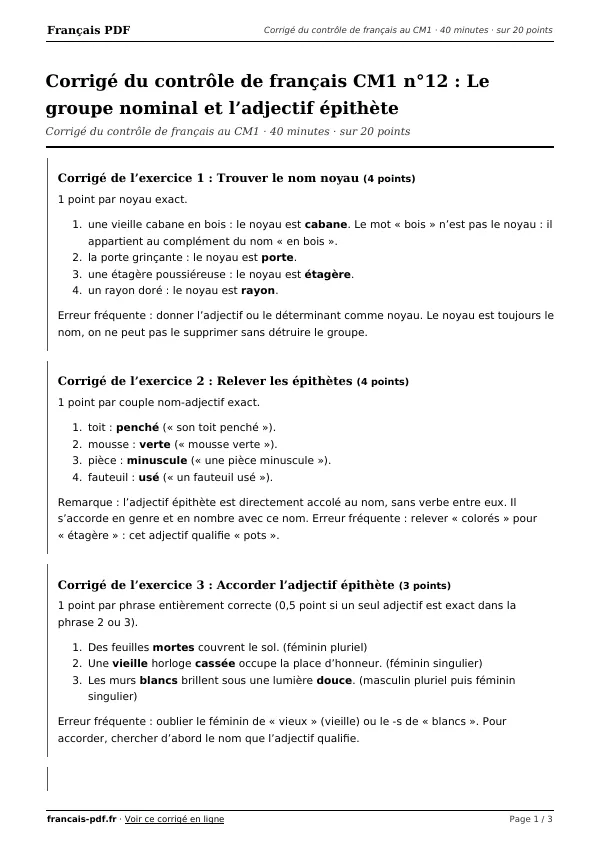 Corrigé du contrôle de français CM1 n°12 en PDF