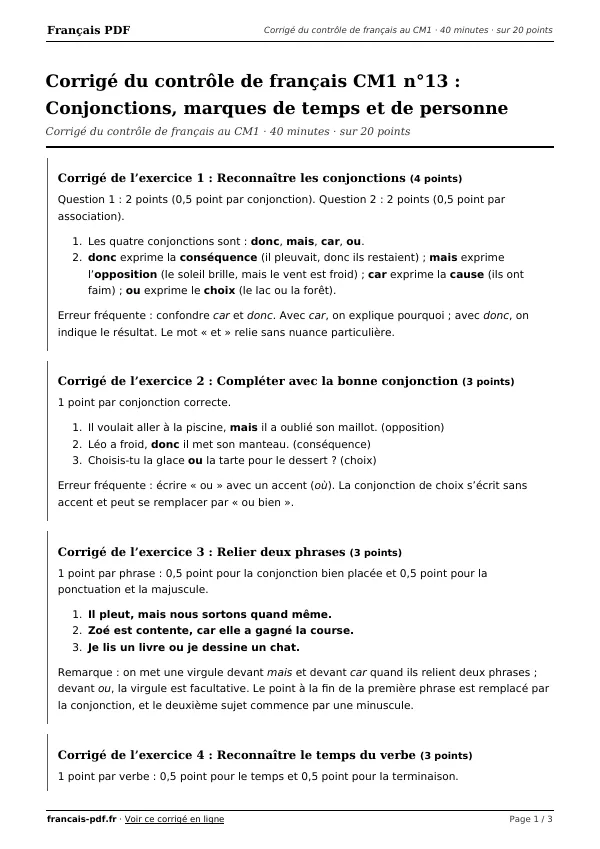 Corrigé du contrôle de français CM1 n°13 en PDF