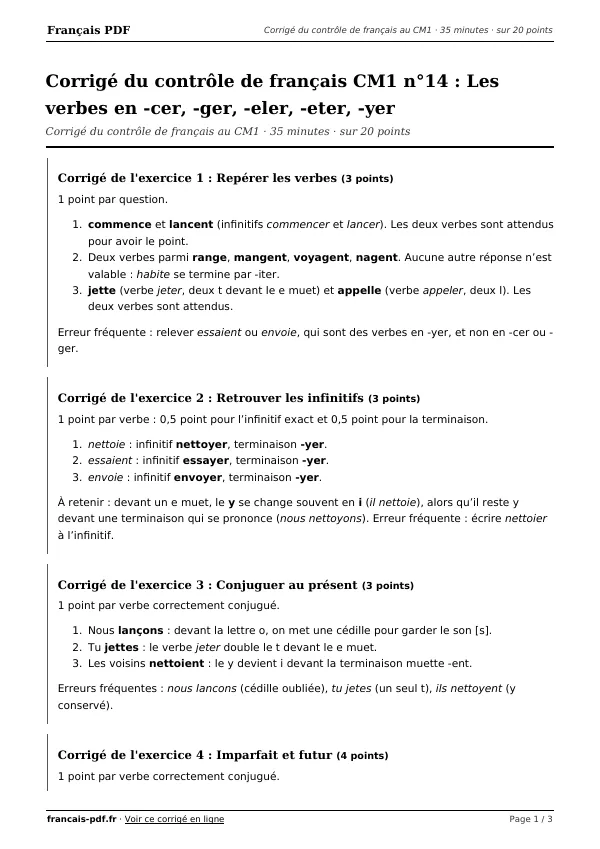 Corrigé du contrôle de français CM1 n°14 en PDF