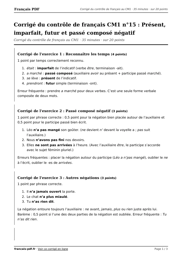 Corrigé du contrôle de français CM1 n°15 en PDF