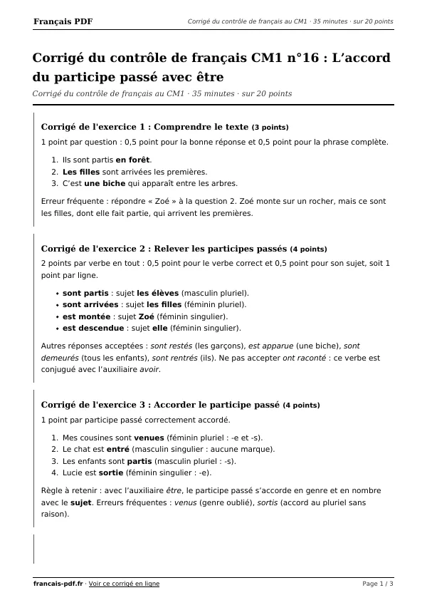 Corrigé du contrôle de français CM1 n°16 en PDF