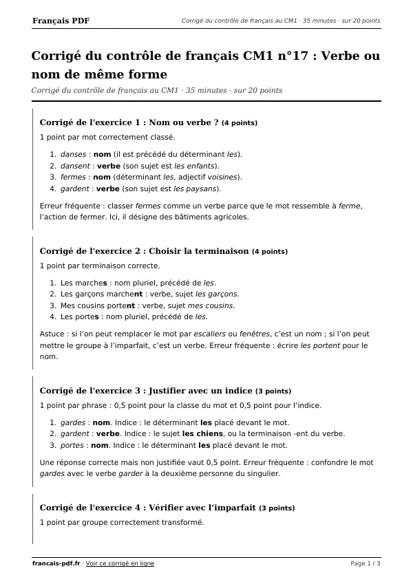 Corrigé du contrôle de français CM1 n°17 en PDF